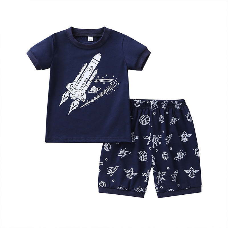 Boys' Rocket Ship Cartoon Two-Piece Summer Set - T-Shirt and Shorts