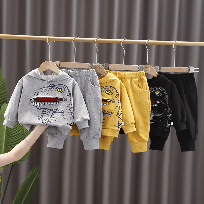 Dino-Hooded Cotton Sweater & Trouser Set