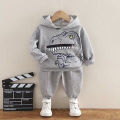 Dino-Hooded Cotton Sweater & Trousers Set for Toddlers - Cozy Two-Piece Outfit