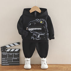 Dino-Hooded Cotton Sweater & Trousers Set for Toddlers - Cozy Two-Piece Outfit