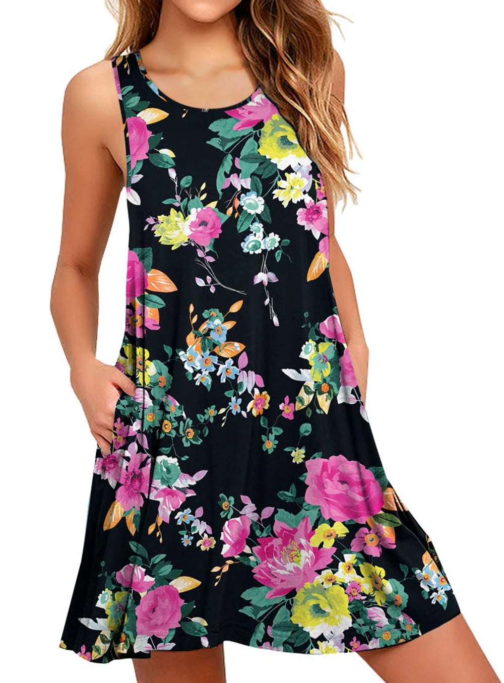 Sleeveless O-Neck Mini Dress with Pockets