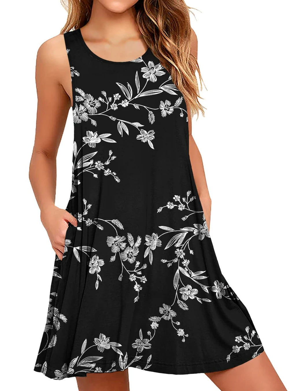 Sleeveless O-Neck Mini Dress with Pockets