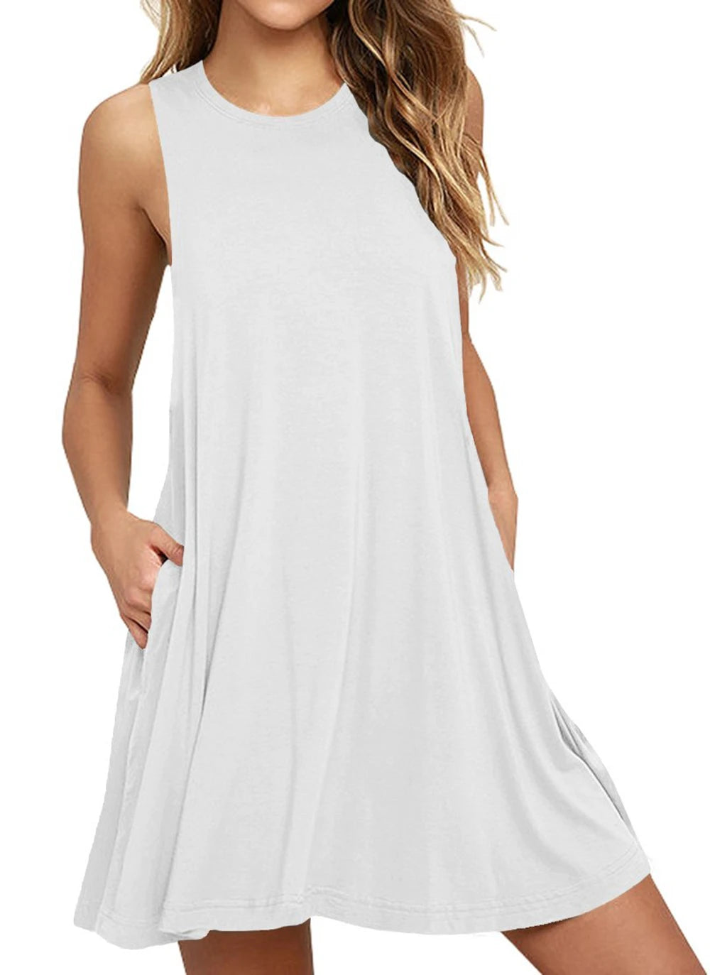 Sleeveless O-Neck Mini Dress with Pockets