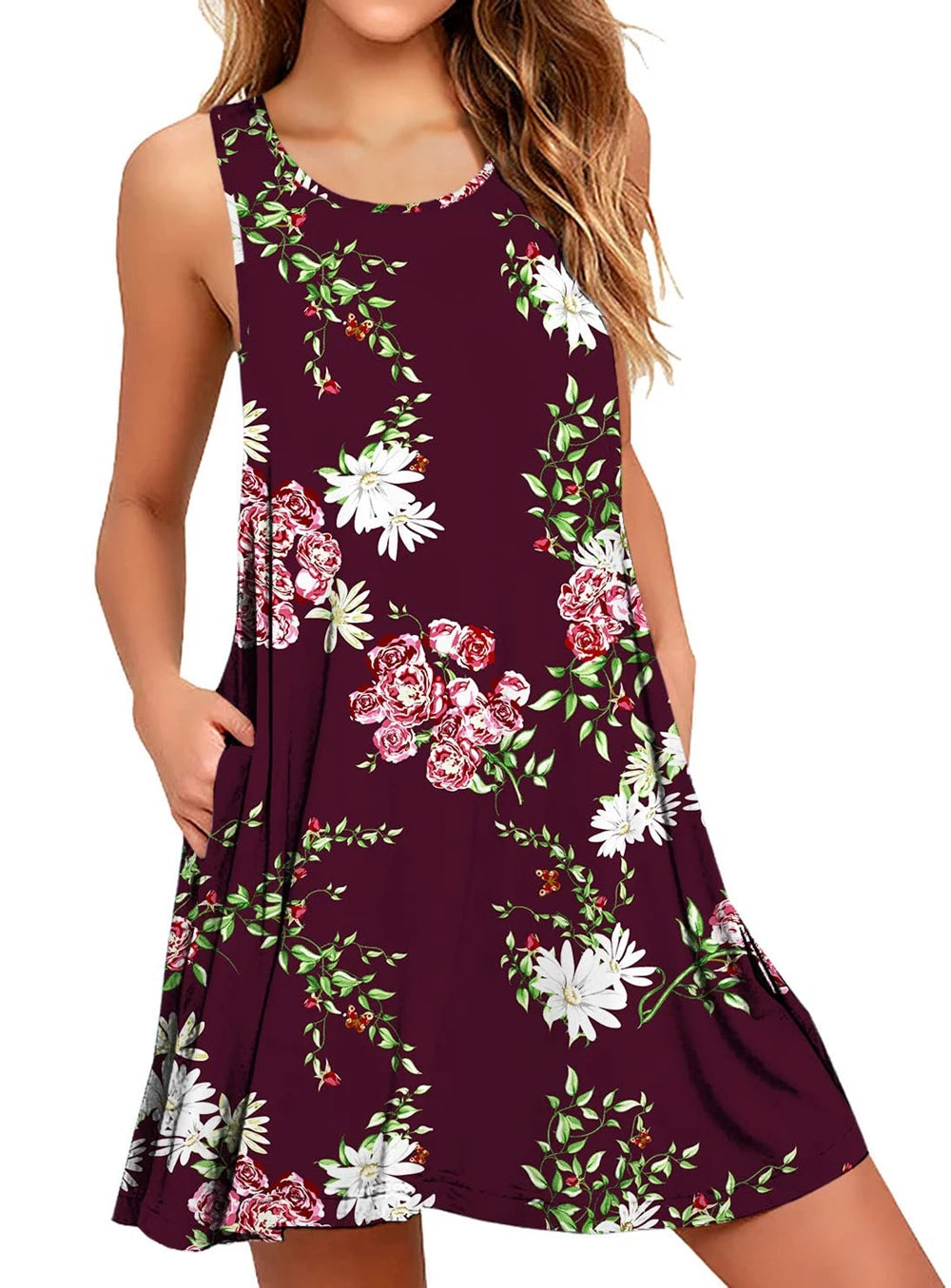 Sleeveless O-Neck Mini Dress with Pockets