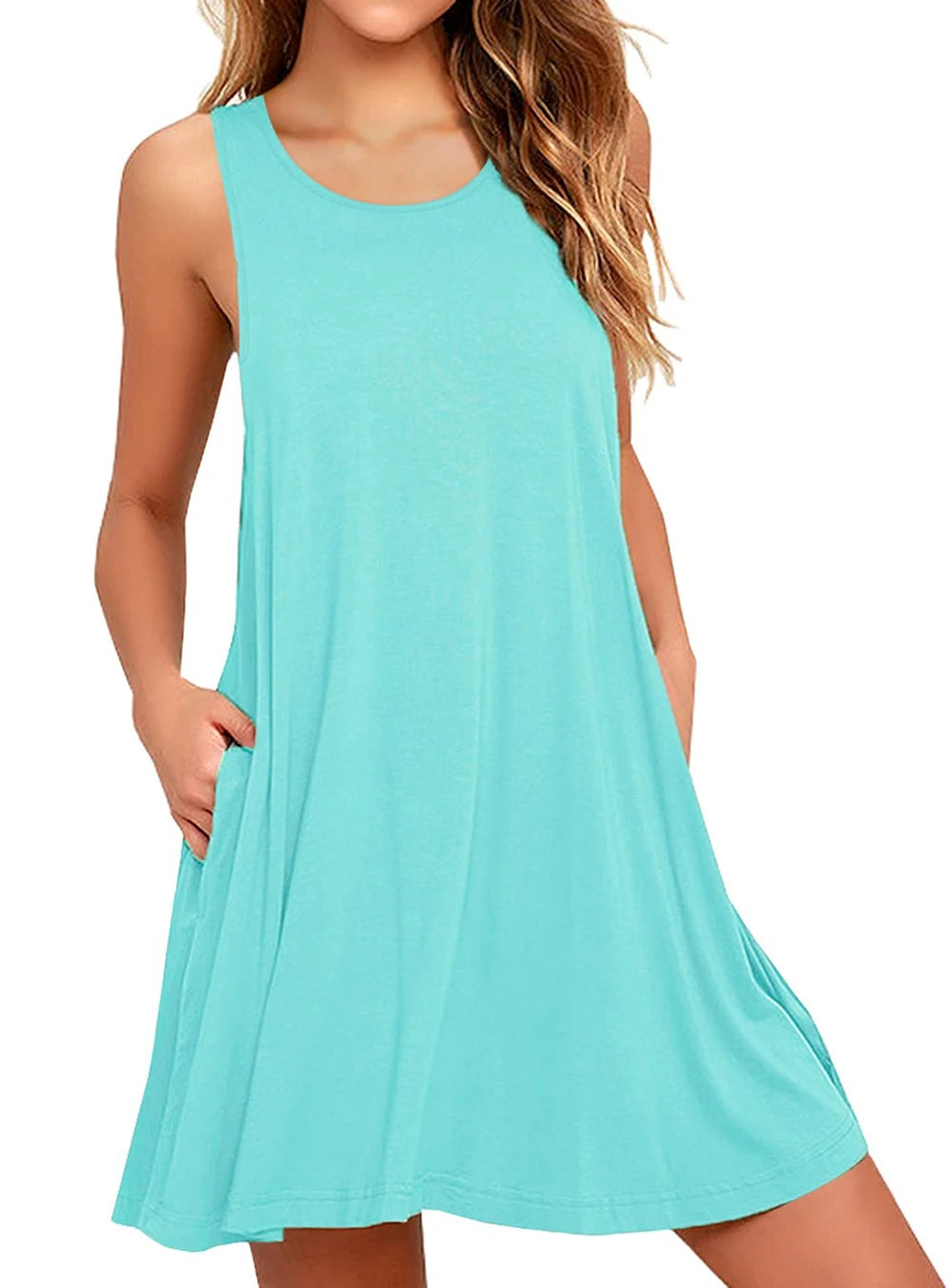 Sleeveless O-Neck Mini Dress with Pockets