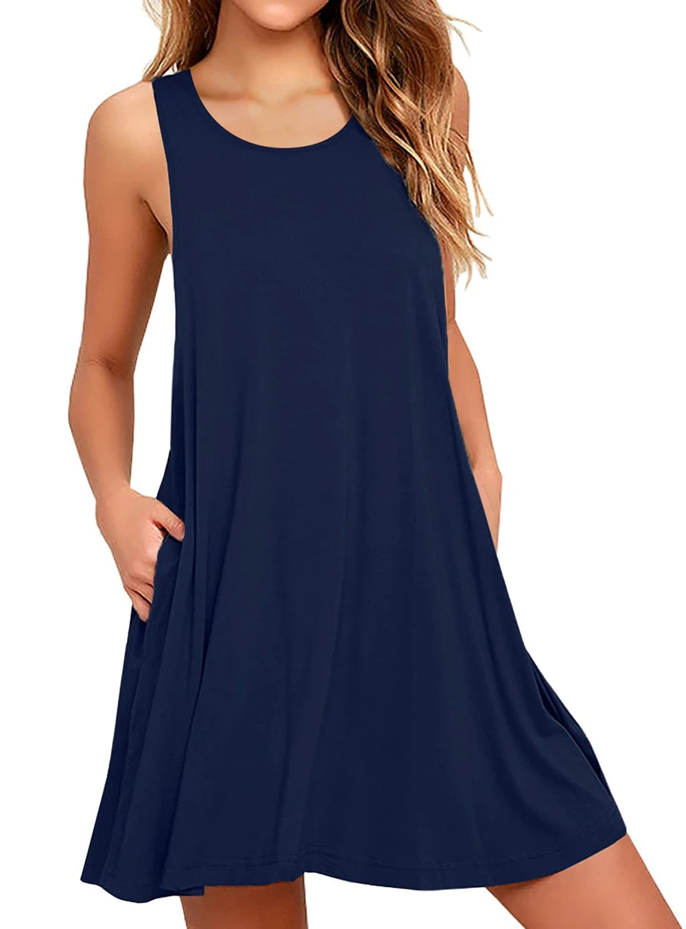 Sleeveless O-Neck Mini Dress with Pockets