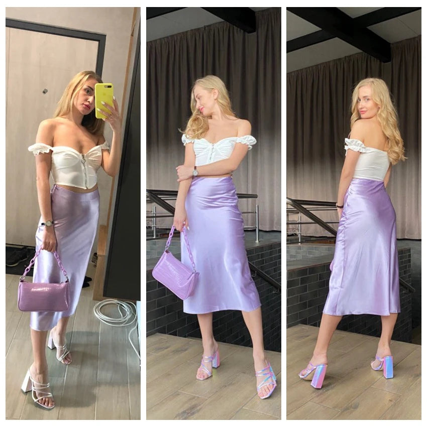 Elegant High-Waisted Satin Skirt - Lilac