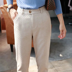 Cozy Elegance: High-Waisted Woolen Office Trousers for Women