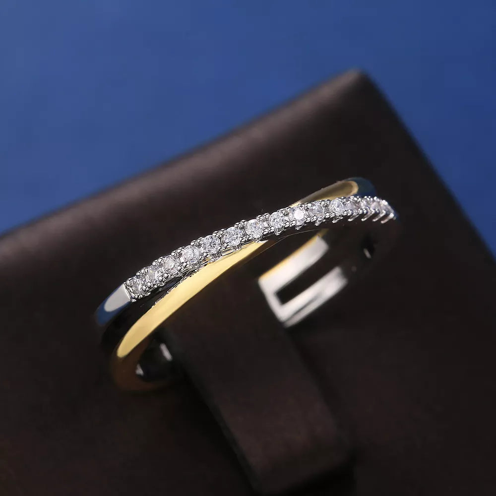 Elegant Two-Tone Crossed Wedding Band with Cubic Zirconia