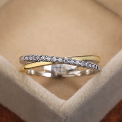 Elegant Two-Tone Crossed Wedding Band with Cubic Zirconia