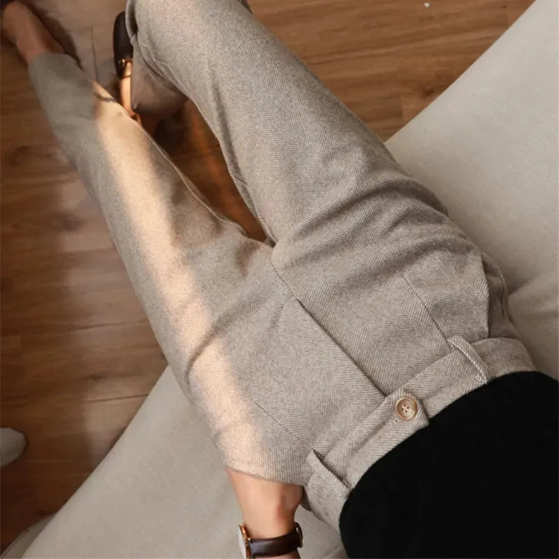 Cozy Elegance: High-Waisted Woolen Office Trousers for Women