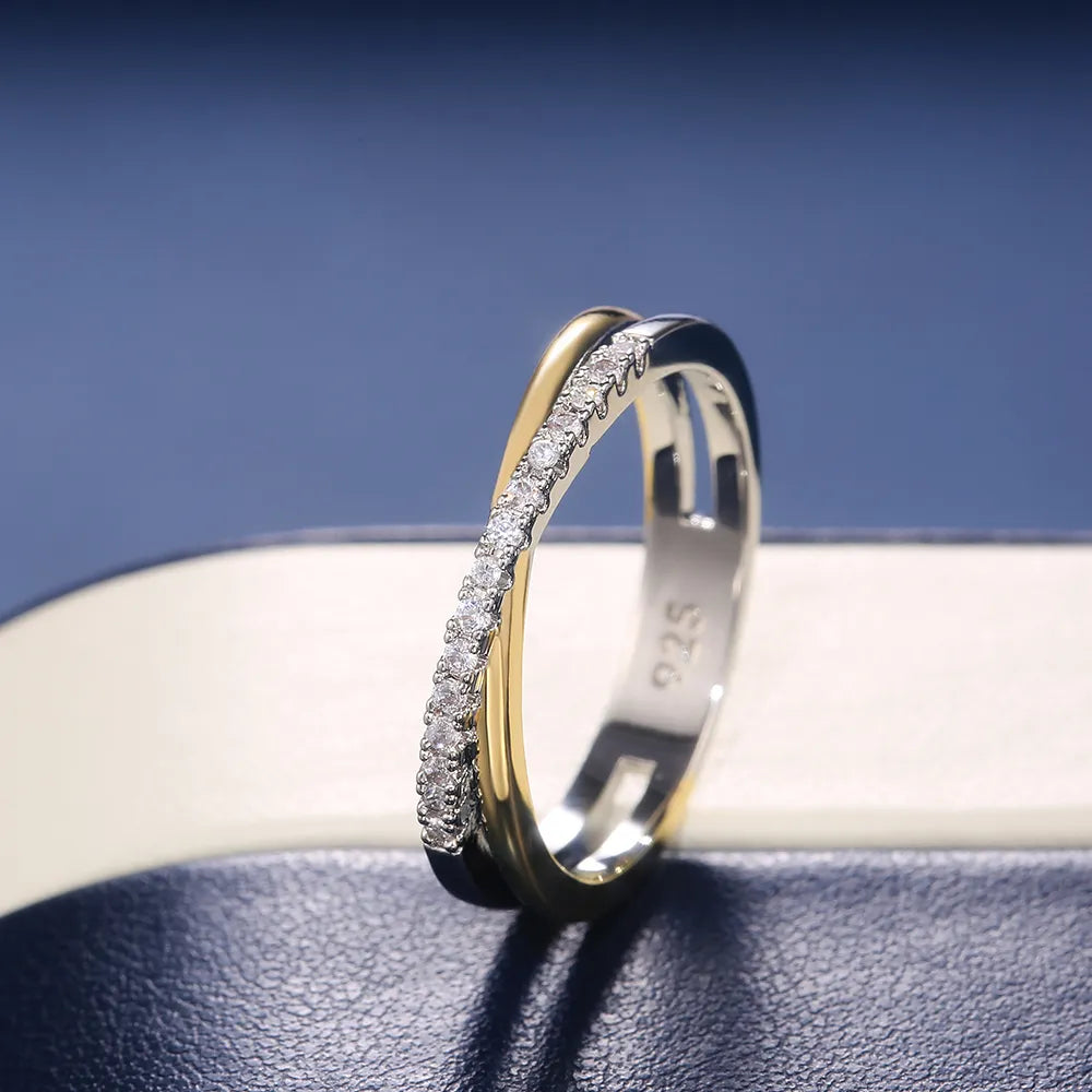 Elegant Two-Tone Crossed Wedding Band with Cubic Zirconia