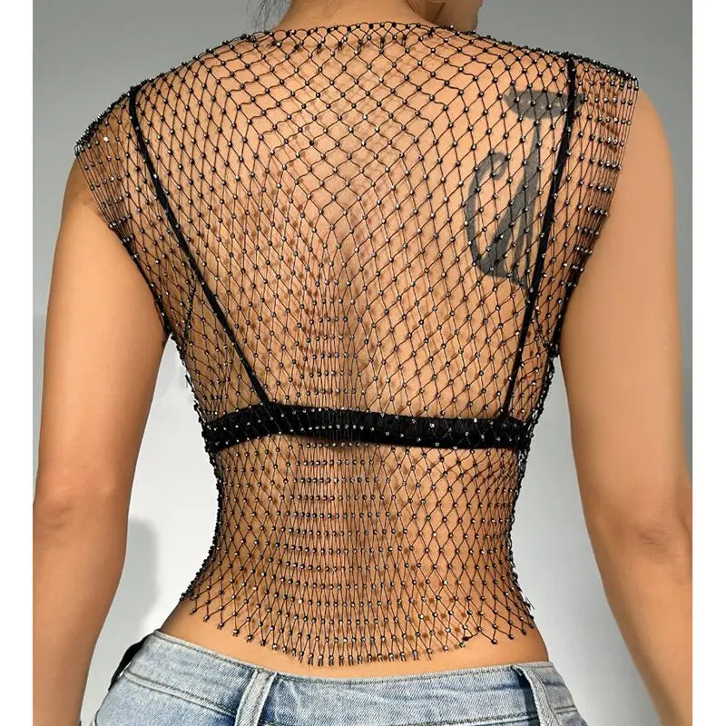 Women’s Rhinestone Fishnet Crop Top—See-Through Summer Clubwear Party Cover-Up