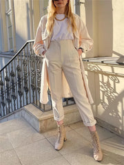 Chic Street Style: High-Waisted Pencil Pants with Side Pockets