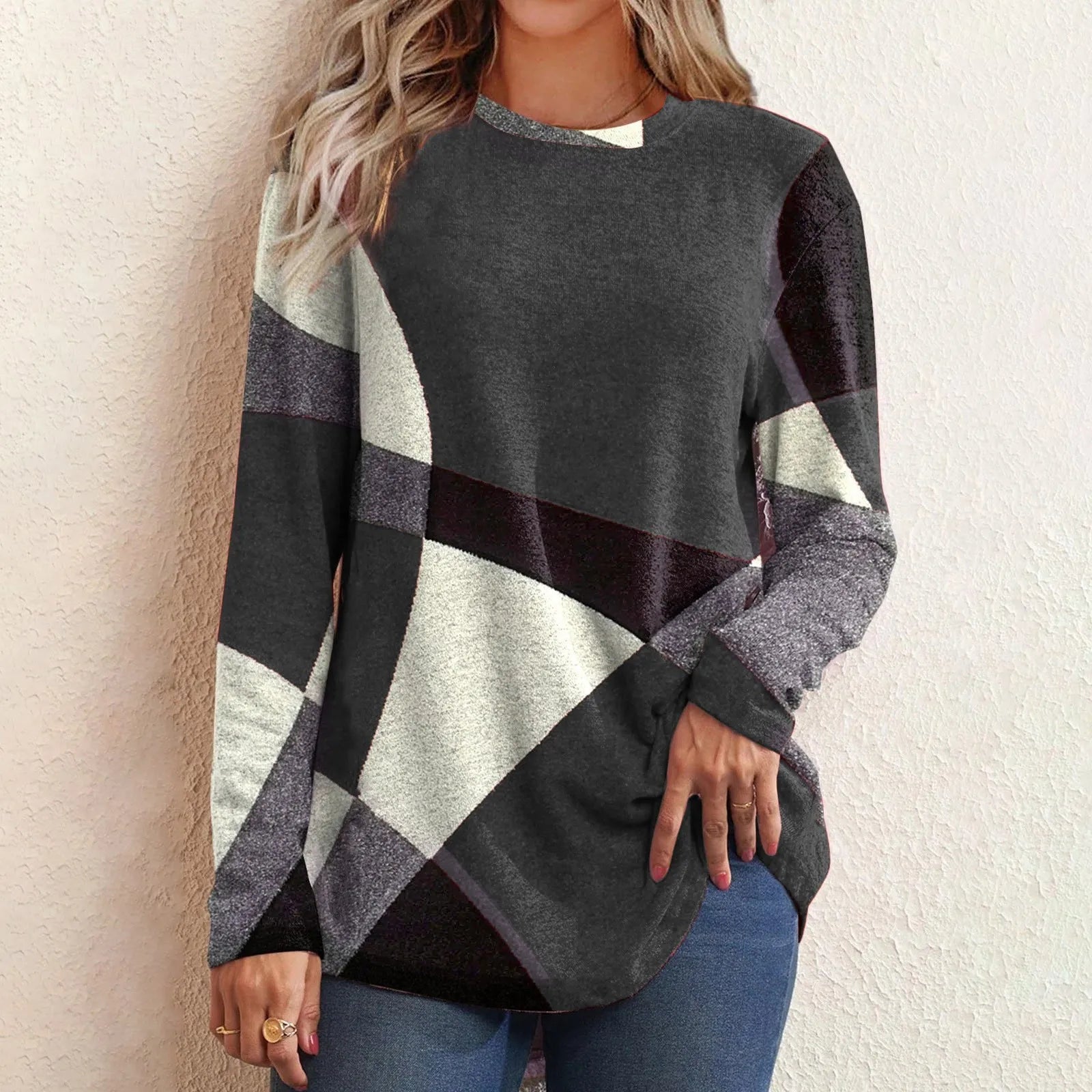 Women’s Round Neck Long Sleeve Patchwork Blouse – Fashionable Casual Loose Fit

Description: