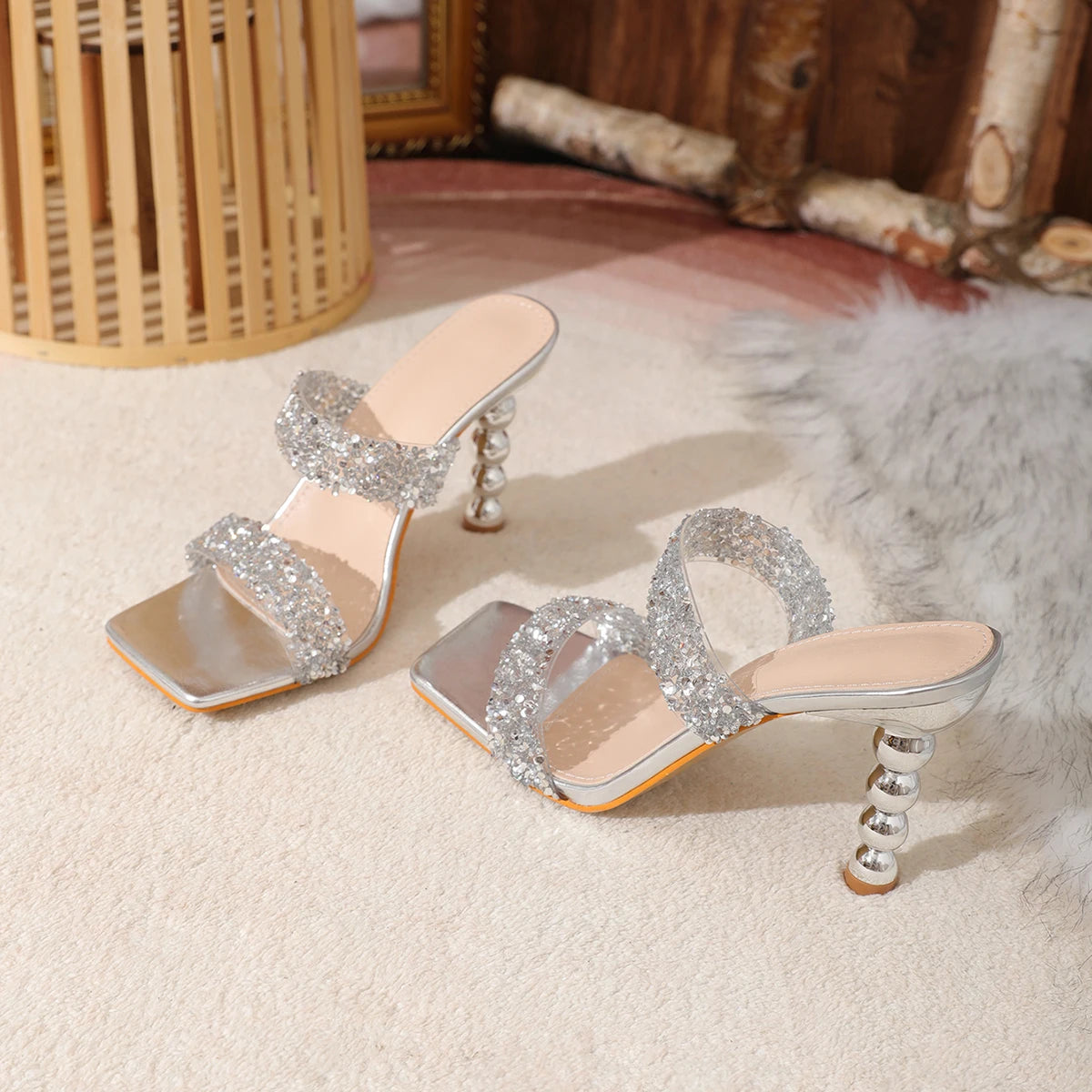 Sexy Silver Sequin Rhinestone Slippers for Women - Square Toe PVC High Heel Sandals | 2024 Fashion Party Shoes