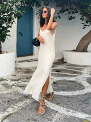 Sexy Backless V Neck Sling Dress - Summer 2024 Women's Loose Sleeveless Split Maxi Beach Vacation Party Robe