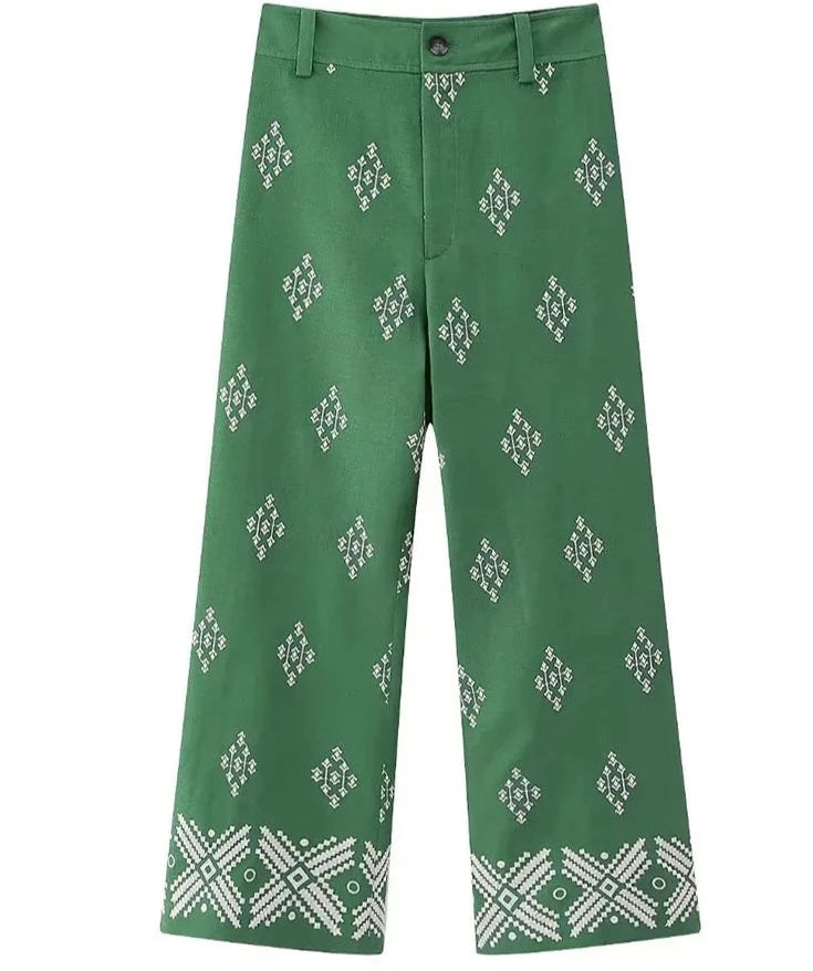 Vintage-Inspired Embroidered Wide-Leg Cotton Linen Pants