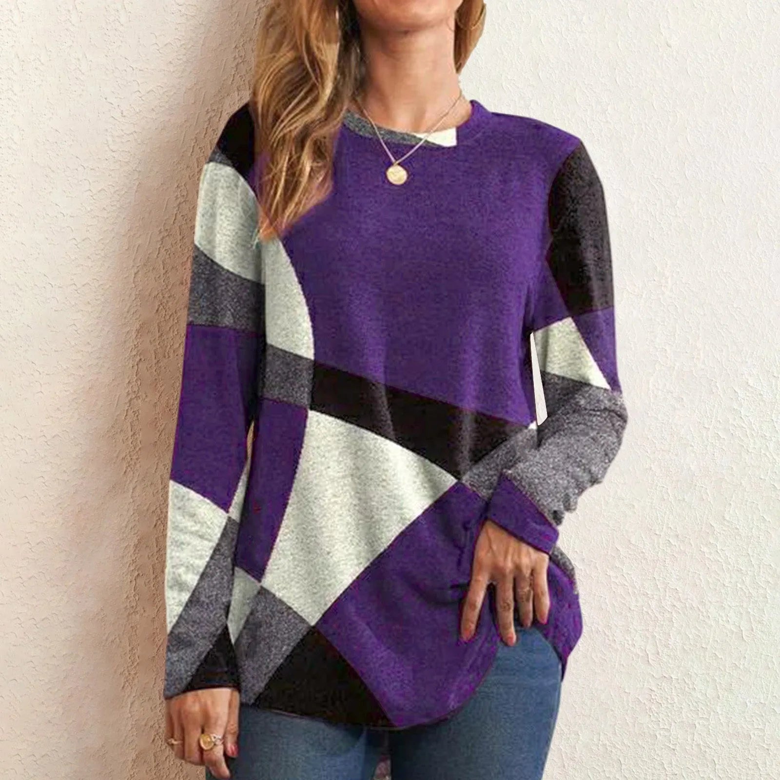 Women’s Round Neck Long Sleeve Patchwork Blouse – Fashionable Casual Loose Fit

Description: