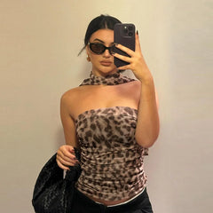 Women's Leopard Print Off-Shoulder Tulle Top – Stylish Bandeau Scarf Neck Blouse for Summer Casual Looks