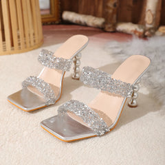 Sexy Silver Sequin Rhinestone Slippers for Women - Square Toe PVC High Heel Sandals | 2024 Fashion Party Shoes