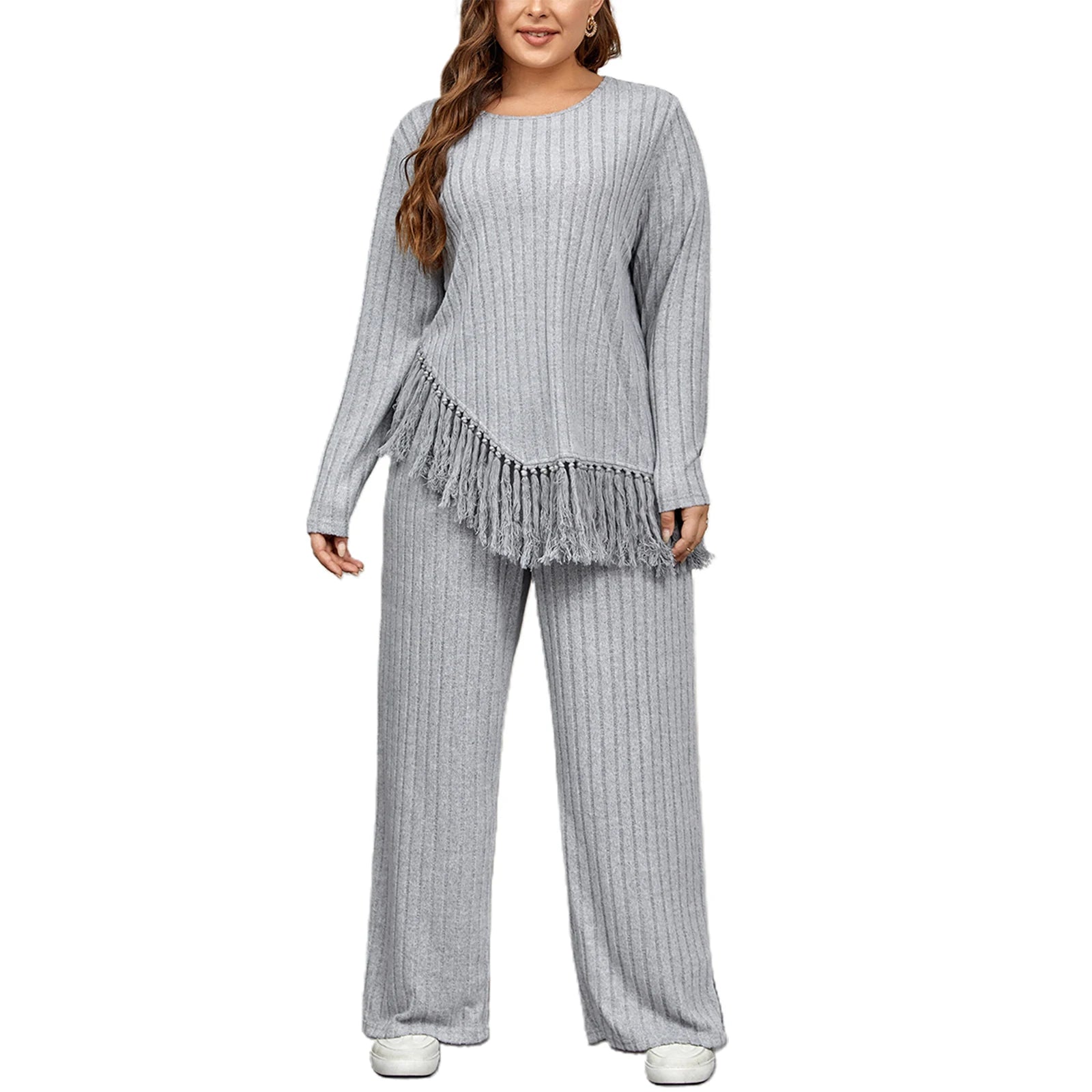 Women's Plus Size Tassel Hem Two-Piece Outfit – Long Sleeve Top & Wide-Leg Pants