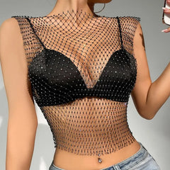 Women’s Rhinestone Fishnet Crop Top—See-Through Summer Clubwear Party Cover-Up