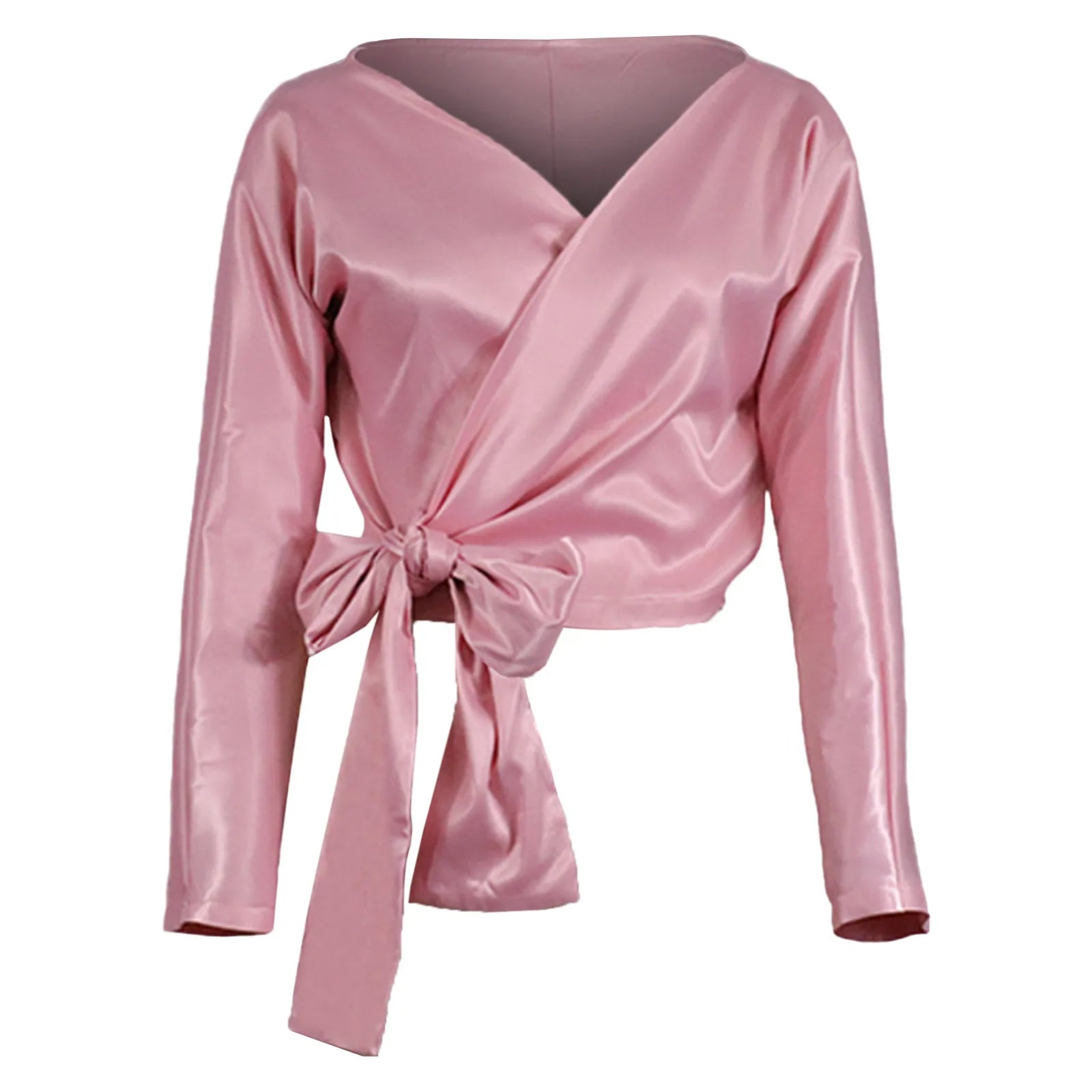 Elegant Satin V-Neck Cross Wrap Tie Blouse - Long Sleeve Fashionable Women’s Top