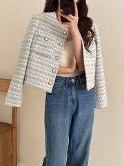 Women's Elegant Tweed Cardigan Short Coat - Plaid Single-Breasted Autumn/Winter Jacket with Pockets