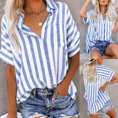 Women’s Striped Cotton Linen Button-Up Blouse – Casual Short Sleeve Summer Top