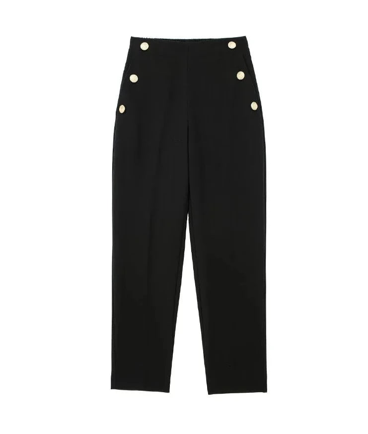 Solid Black Ankle-Length Pants with Elastic Waist and Button Detail