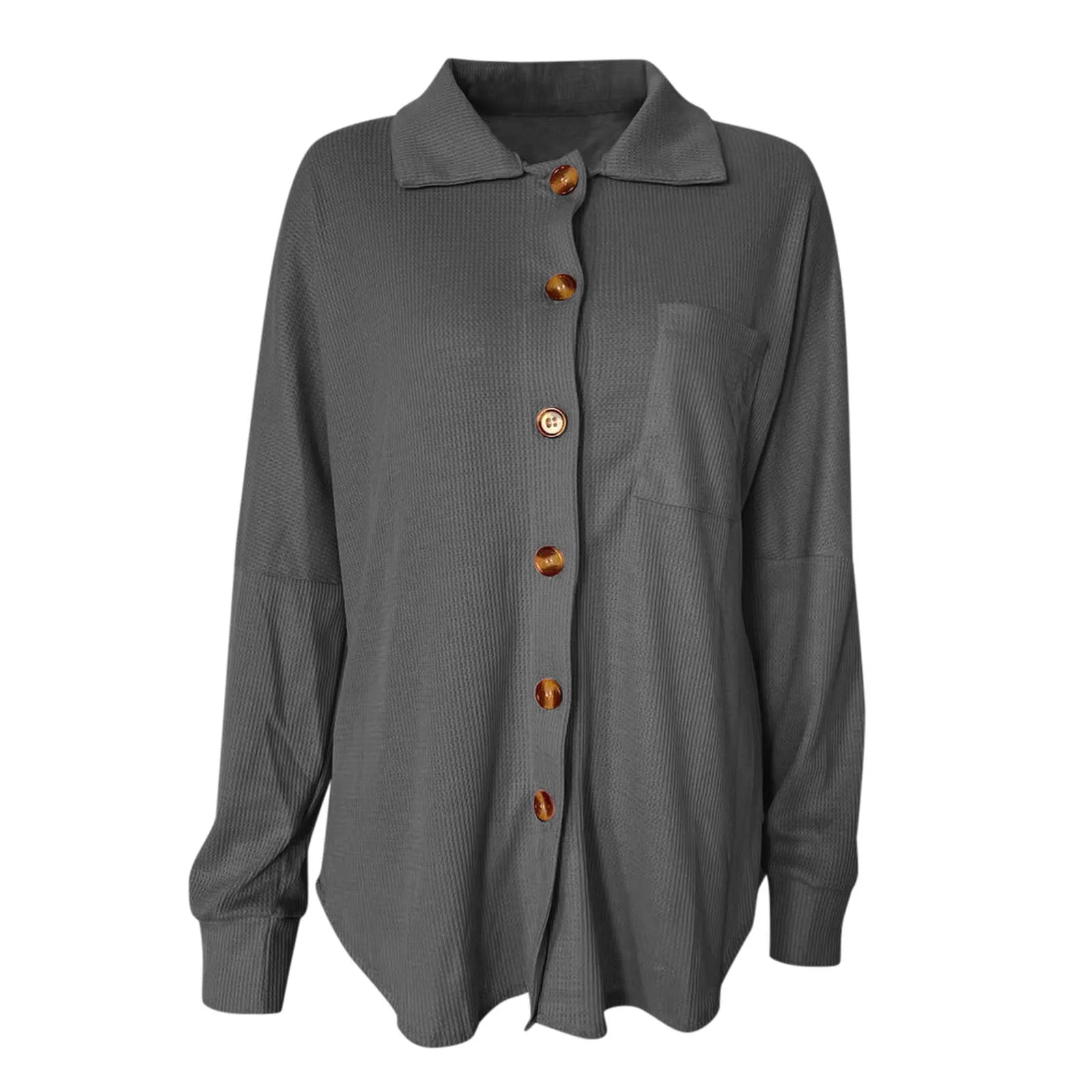 Women's Casual Solid Color Lapel Blouse - Long Sleeve Loose Fit Mid-Length Shirt