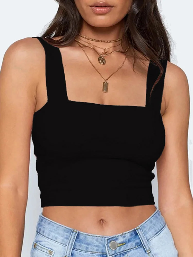 Women’s Square Neck Sleeveless Tank Top—Backless, Summer Casual Crop Top