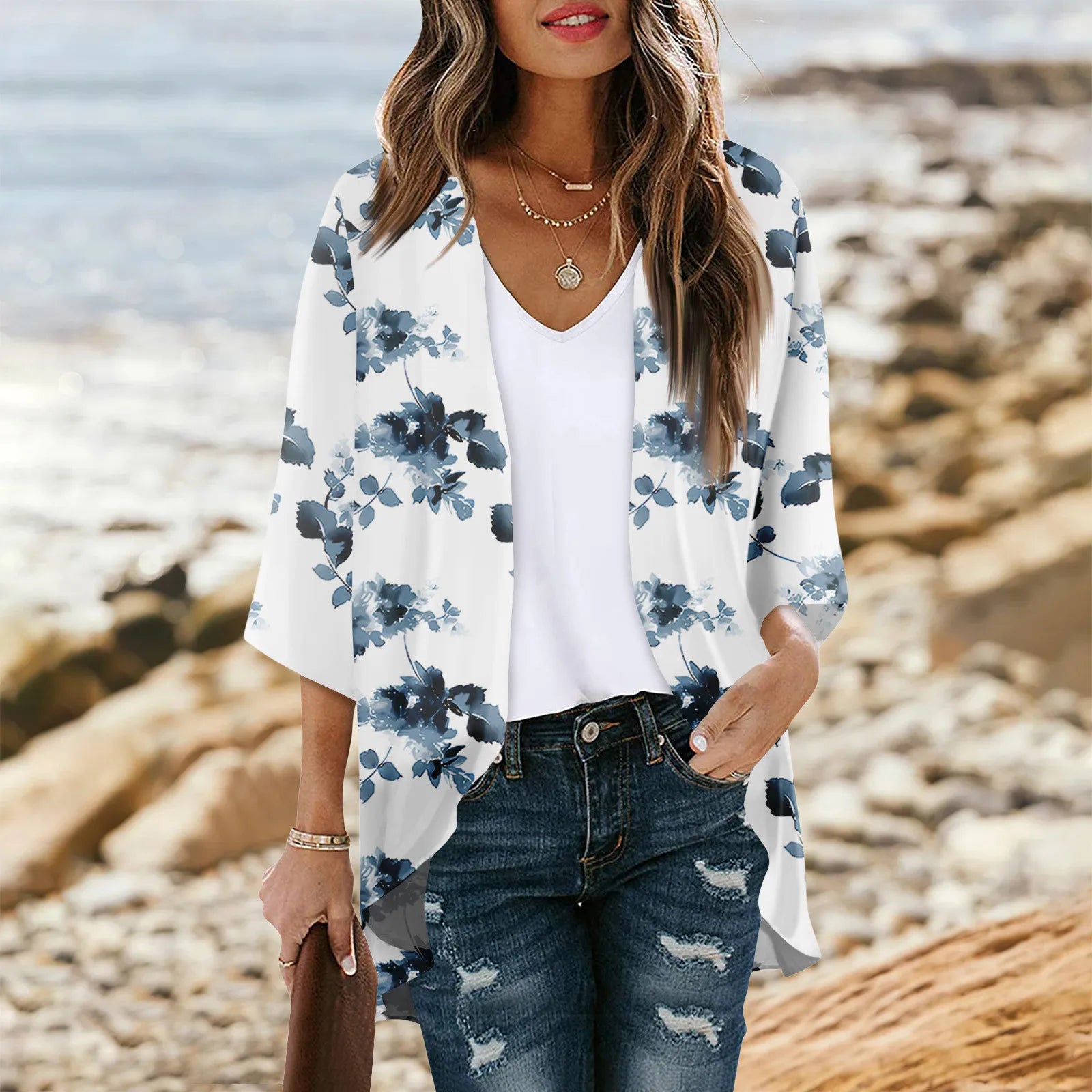 Women's Floral Chiffon Kimono Cardigan - 3/4 Sleeve Summer Blouse