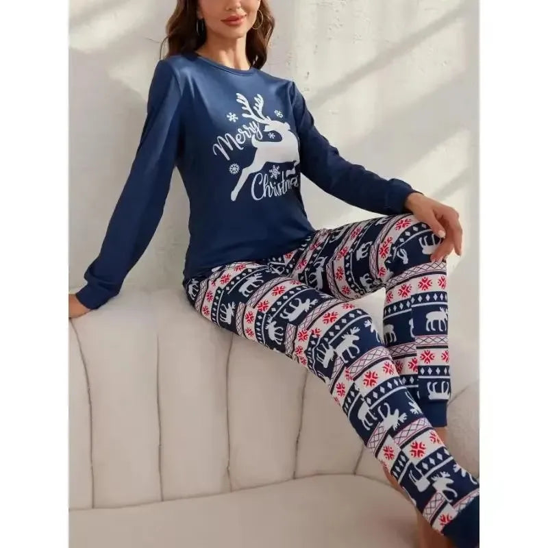 Women Snowflake and Elk Print Pajamas Set with Long Sleeved Round Neck Top and Elastic Waistband Pants Women's pajamas and homewear