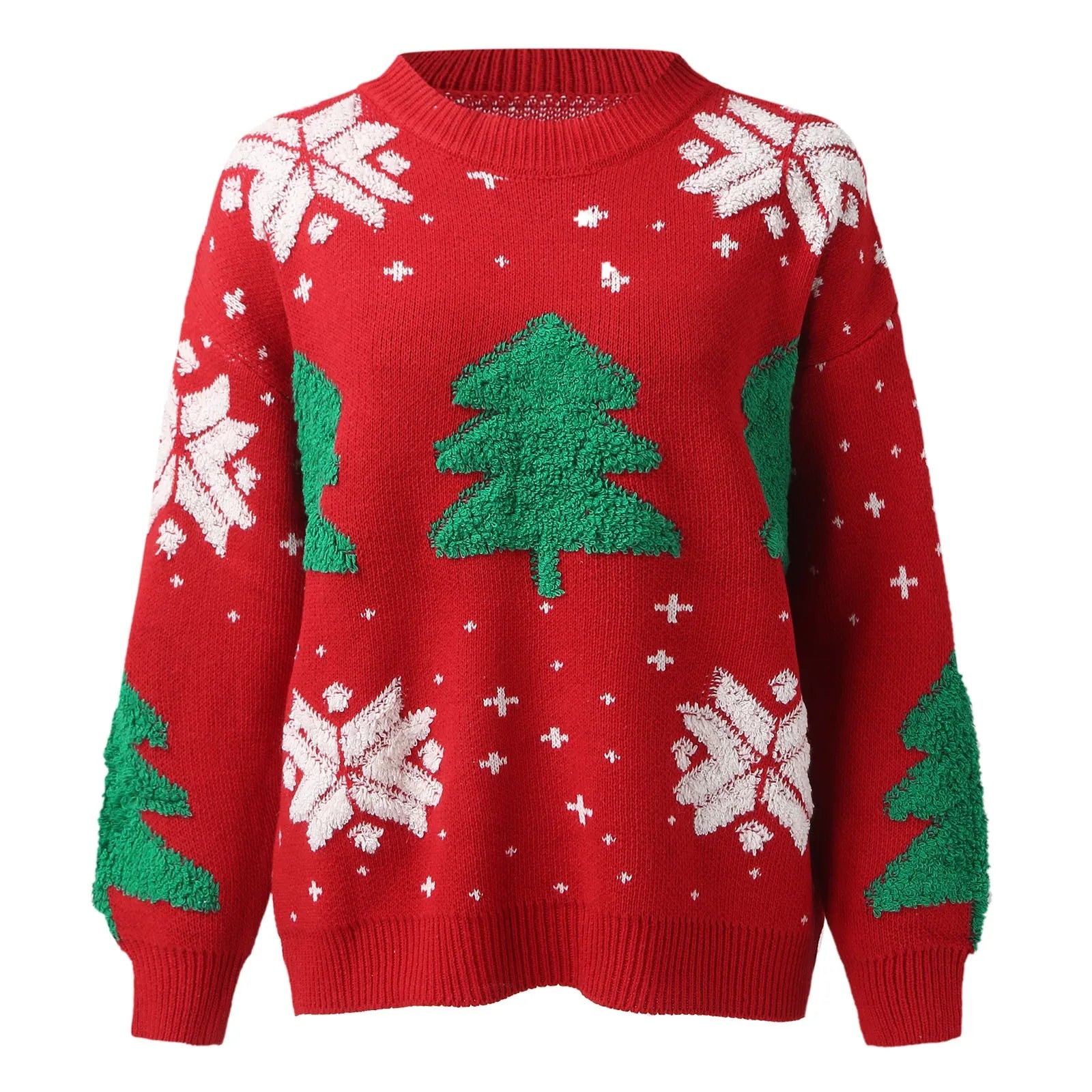 Autumn Winter Christmas Tree Knitted Sweater, Women's Vintage Long Sleeve Pullover