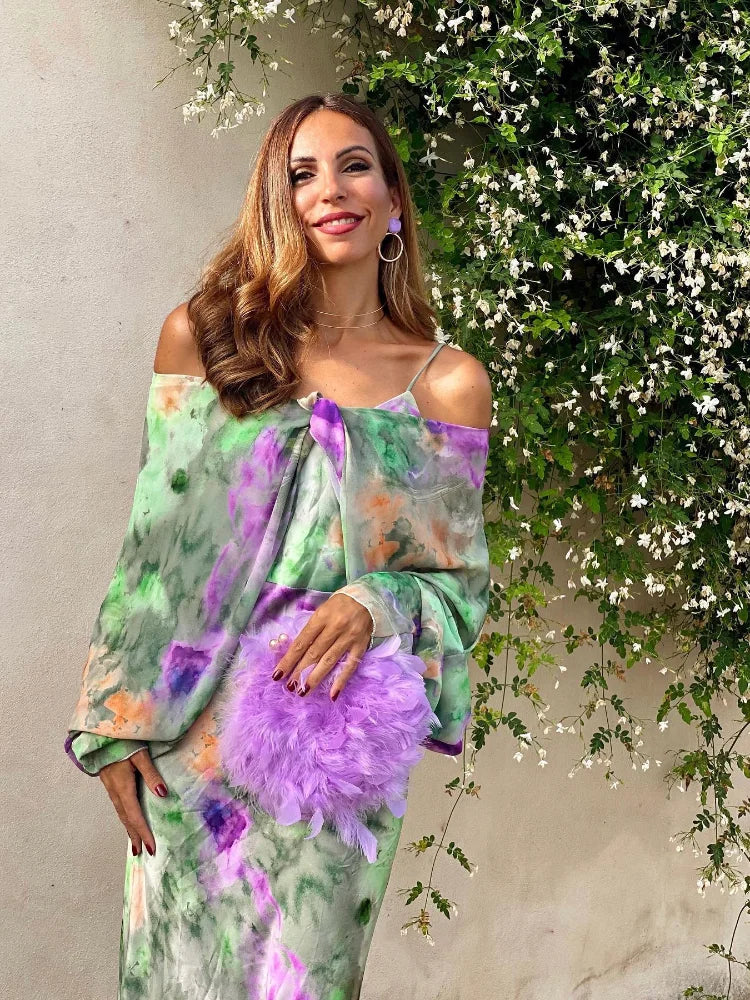 Women's Sexy Backless Tie Dye Beach Maxi Dress with Detachable Sleeves - Summer 2024 High Waist Sling Dress