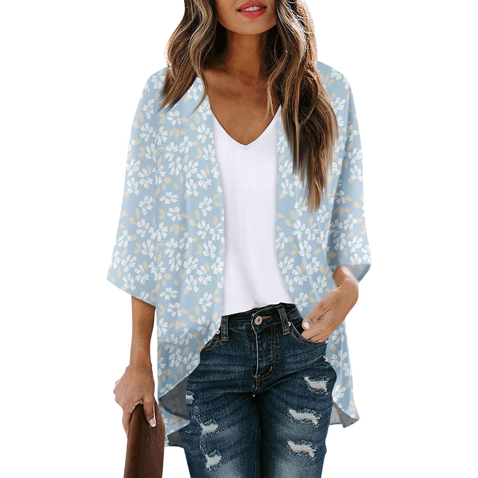 Women's Floral Chiffon Kimono Cardigan - 3/4 Sleeve Summer Blouse