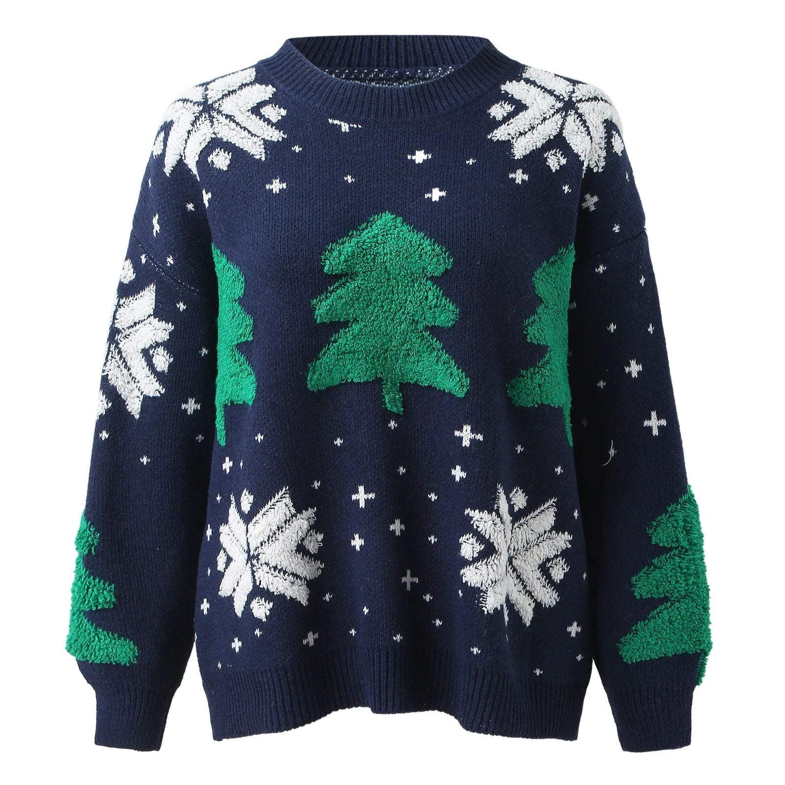 Autumn Winter Christmas Tree Knitted Sweater, Women's Vintage Long Sleeve Pullover