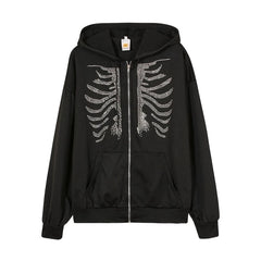 Gothic Rhinestone Skeleton Hoodie - Women's Oversized Zip-Up Hooded Jacket Streetwear