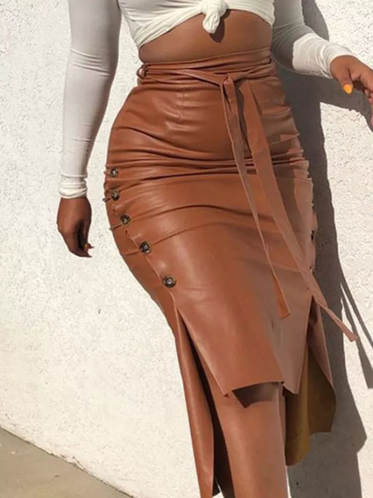 Leather High-Waist Midi Skirt