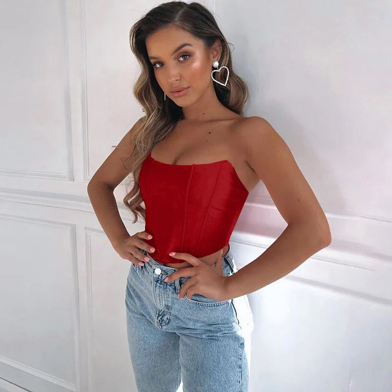 Summer 2024 Sexy Off-Shoulder Velvet Corset Crop Top - Backless Bustier Vest for Women