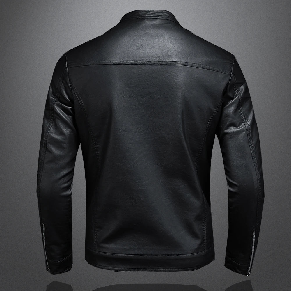 Men's Stand Collar Slim Fit PU Leather Jacket – Fashionable Motorcycle Casual Coat for Spring & Autumn