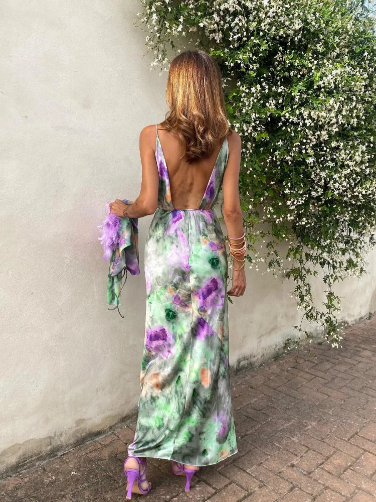 Women's Sexy Backless Tie Dye Beach Maxi Dress with Detachable Sleeves - Summer 2024 High Waist Sling Dress