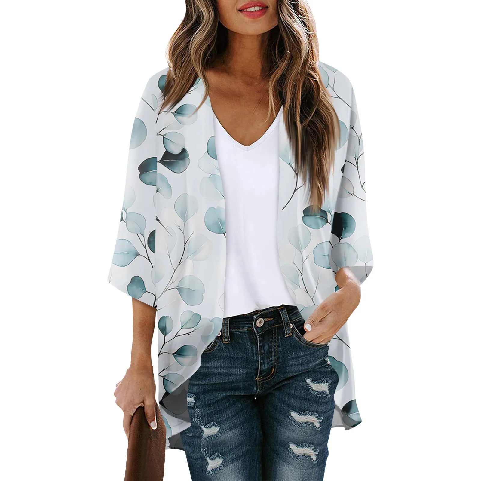 Women's Floral Chiffon Kimono Cardigan - 3/4 Sleeve Summer Blouse