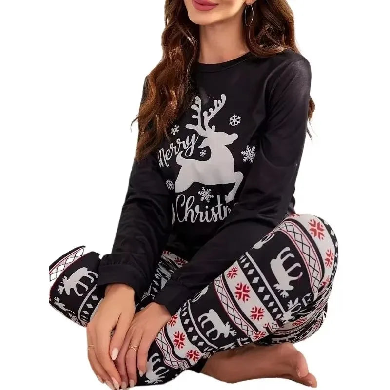 Women Snowflake and Elk Print Pajamas Set with Long Sleeved Round Neck Top and Elastic Waistband Pants Women's pajamas and homewear