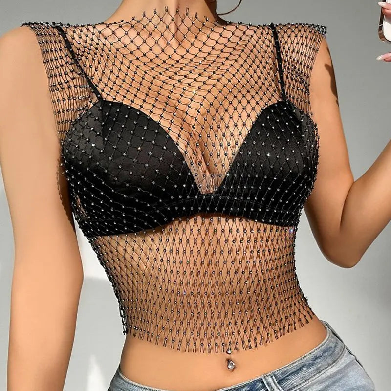 Women’s Rhinestone Fishnet Crop Top—See-Through Summer Clubwear Party Cover-Up