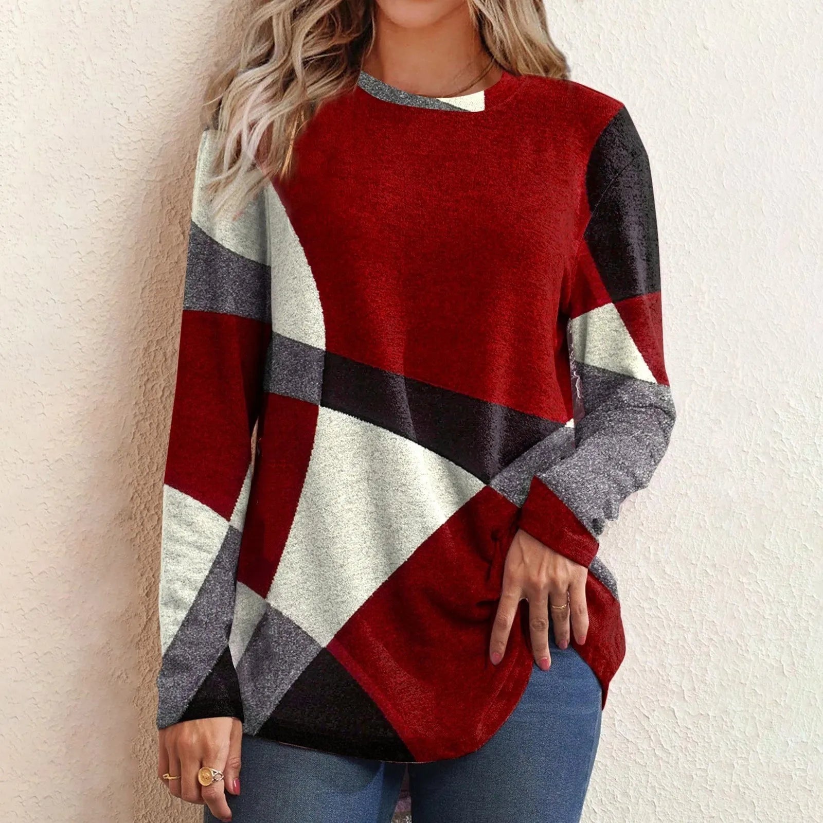 Women’s Round Neck Long Sleeve Patchwork Blouse – Fashionable Casual Loose Fit

Description: