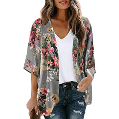 Women's Floral Chiffon Kimono Cardigan - 3/4 Sleeve Summer Blouse