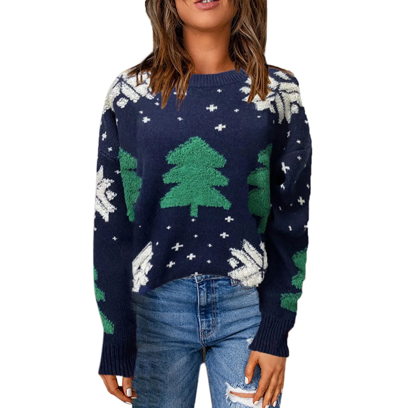 Autumn Winter Christmas Tree Knitted Sweater, Women's Vintage Long Sleeve Pullover